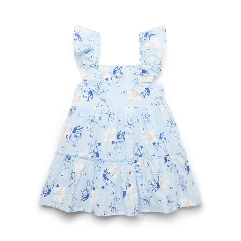 Bluey Dress Light Blue Floral Swiss Dot Ruffle Tiered Girls 4T